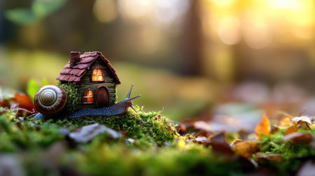 A charming miniature house with a tiny door and glowing windows is visited by a friendly snail, nestled in vibrant moss and surrounded by soft autumn leaves.の素材