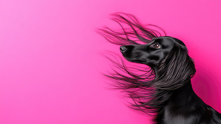 This whimsical portrait features an elegant black dog with flowing hair set against a vibrant pink background, capturing a moment of beauty and grace.の素材
