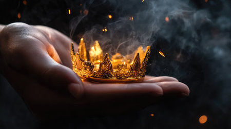 A stunning image depicting a golden crown resting in a human hand, surrounded by dramatic smoke and sparks, symbolizing elegance and power.の素材
