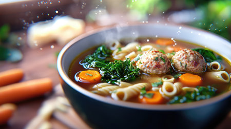 A delicious bowl of hearty soup featuring meatballs, vibrant vegetables, and herbs steaming in a rustic kitchen setting. Perfect for a comforting meal.の素材