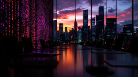 Captivating view of a vibrant sunset illuminating a modern city skyline from a sleek conference room. The elegant table reflects the stunning colors.の素材