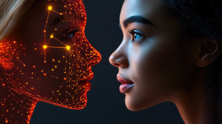 This captivating digital artwork features two women's faces in profile, merging human emotion with abstract glowing connections, illustrating the interplay between technology and beauty.の素材