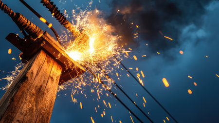 This striking image captures the explosive moment of sparks flying from power lines during a storm, highlighting the intense energy and potential hazards of electrical incidents.の素材