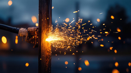 A captivating close-up image showcasing bright sparks flying from a welding torch, creating a dynamic display of light and energy against a dark background.の素材