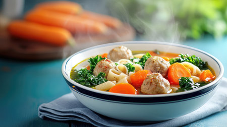 A steaming bowl of homemade soup filled with succulent meatballs, vibrant carrots, and fresh kale, perfect for a nourishing meal during any season.の素材