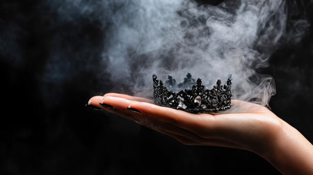 A striking image of a black crown resting gracefully on an outstretched hand, surrounded by wisps of smoke, creating a captivating and mysterious atmosphere.の素材