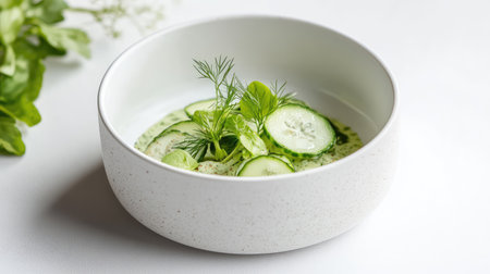 A visually appealing cucumber salad featuring fresh herbs and a creamy dressing, presented in a minimalist bowl for a modern dining experience.の素材