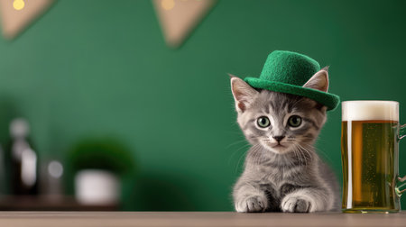 This charming image features a cute gray kitten wearing a green hat, sitting next to a glass of beer on a wooden table with a vibrant green background. Perfect for celebrations.の素材
