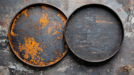 This image features two vintage round metal trays showcasing a unique rusty patina against a distressed wooden background, perfect for artistic display or home decor.の素材