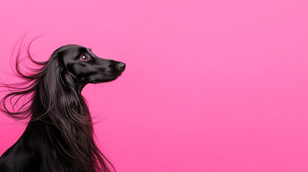 A stunning black Afghan hound showcases its long flowing hair against a vibrant pink background, perfect for pet lovers and artistic photography.の素材