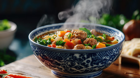 This captivating image features a steaming bowl of hearty vegetable soup with meatballs, showcasing vibrant colors and fresh herbs, perfect for food lovers.の素材