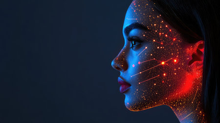 A captivating profile image of a young woman featuring vibrant cosmic light patterns on her face. The blend of blue and red creates a mesmerizing visual effect against a dark background, embodying beauty and creativity.の素材