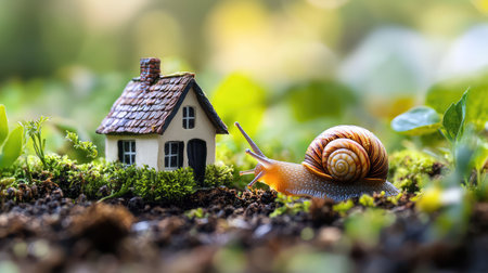 A curious snail slowly approaches a charming miniature house nestled among vibrant greenery, creating a whimsical scene of nature and tranquility.の素材