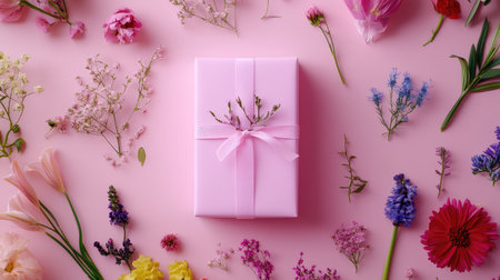 This beautiful image features a delicate pink gift box adorned with a soft ribbon, surrounded by an array of colorful fresh flowers on a pastel pink background.の素材