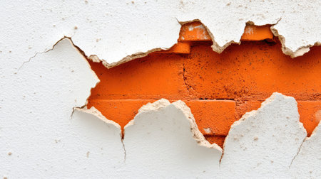 This image showcases a textured wall with a significant crack, revealing vibrant orange brick underneath. The contrast between the white surface and exposed brick offers a striking visual detail perfect for artistic or architectural themes.の素材