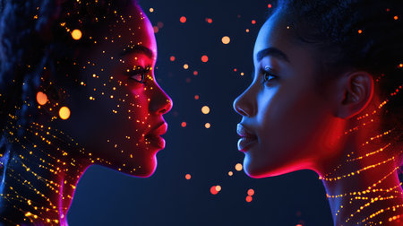 This captivating image features two female silhouettes facing each other, highlighted by colorful lights and sparkling effects, evoking a sense of beauty and duality.の素材