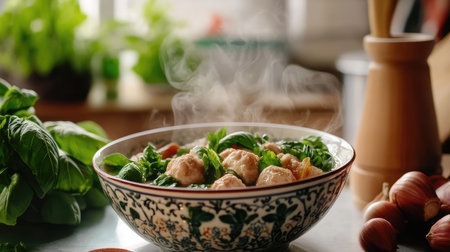 Indulge in a steaming bowl of hearty soup featuring meatballs and fresh greens. This rustic kitchen setting evokes a warm, inviting atmosphere perfect for home cooking.の素材