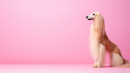 A stunning Afghan Hound poses elegantly against a soft pink background, showcasing its long flowing fur and graceful stature, perfect for pet enthusiasts.の素材