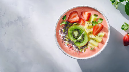 A vibrant smoothie bowl featuring fresh strawberries, kiwi, and banana garnished with coconut and chia seeds. Perfect for a healthy breakfast or snack.の素材