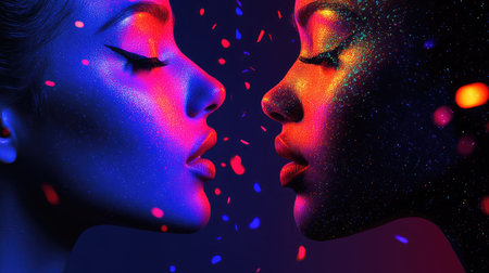 This captivating image features two women showcasing vibrant colors and sparkling body paint. The striking contrast between their skin tones creates a mesmerizing visual effect that celebrates beauty and diversity.の素材