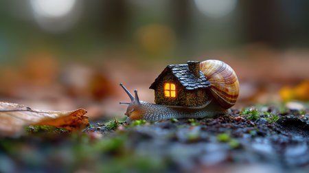A whimsical scene featuring a snail carrying a tiny, glowing house on its shell, set in a tranquil forest. The warm light creates a magical atmosphere, surrounded by nature and vibrant leaves. Perfect for fantasy themes.の素材