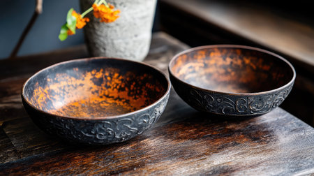 Two beautifully crafted rustic bowls with intricate designs are elegantly placed on a wooden surface, illuminated by warm natural light, showcasing their unique textures.の素材