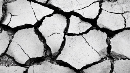 This image showcases a dry, cracked ground surface featuring deep fissures, illustrating the harsh effects of drought and erosion in a monochrome style.の素材