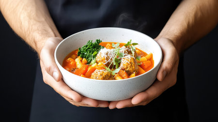 A person holds a bowl of steaming meatball soup filled with colorful vegetables and garnished beautifully, showcasing warmth and comfort.の素材
