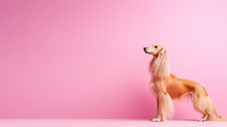 A stunning profile image of a graceful dog with long flowing fur against a vivid pink background, perfect for showcasing elegance and beauty.の素材
