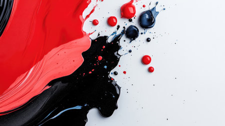 A vibrant mix of red and black paint splashes against a clean white backdrop, creating an abstract and modern visual perfect for artistic projects.の素材