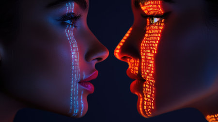This striking image features two women in profile, their faces adorned with vivid digital patterns and reflections, showcasing emotion and modern artistry.の素材