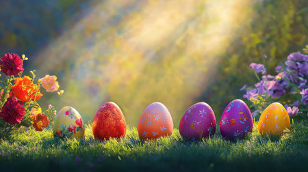A mesmerizing scene featuring brightly colored Easter eggs nestled among vibrant flowers, illuminated by soft sunlight in a tranquil garden setting.の素材