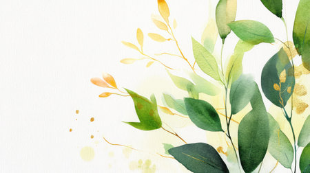 A delicate watercolor composition featuring soft green and yellow leaves, perfect for creating an elegant background for various design projects.の素材