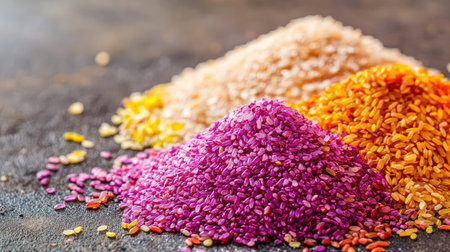 A vibrant display of colorful grains and seeds shaped into mounds on a dark, textured surface, perfect for culinary and health-themed projects.の素材