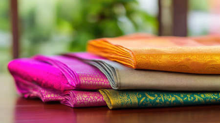 A stunning arrangement of colorful fabrics featuring intricate patterns, displayed gracefully on a wooden table in a serene and natural setting.の素材