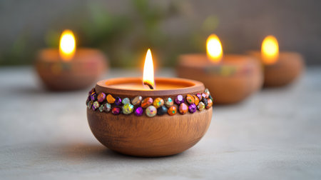 This enchanting image features beautifully crafted earthen lamps glowing softly with flames and adorned with colorful stones, perfect for adding a warm ambiance to any celebration or relaxation space.の素材