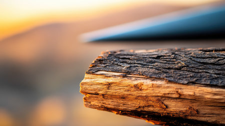 This image captures the intricate details of weathered wood against a soft sunset backdrop, highlighting the natural beauty and texture of the surface.の素材