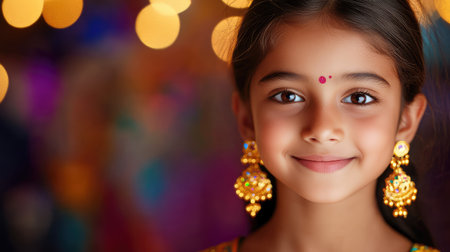 This captivating portrait features a young girl with vibrant traditional jewelry, smiling warmly. The blurred festive background enhances the celebration mood.の素材