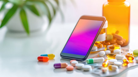 A mobile device sits beside various medication bottles and colorful capsules on a bright surface, enhanced by a lush green plant in the background.の素材
