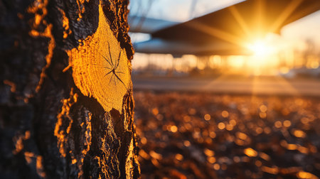 A captivating close-up view of tree bark illuminated by warm sunset light. This image showcases intricate textures and natural beauty, creating a serene atmosphere.の素材