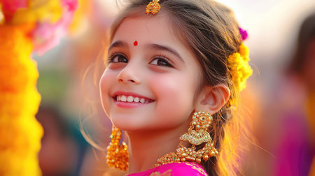 A beautiful young girl beams with joy, adorned in vibrant traditional attire and stunning jewelry. This portrait captures the essence of celebration and innocence during a cultural event.の素材