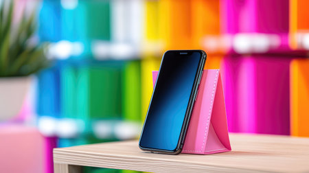 A modern smartphone rests on a playful pink stand against a colorful backdrop. This image captures the essence of contemporary design and technology, perfect for lifestyle graphics.の素材