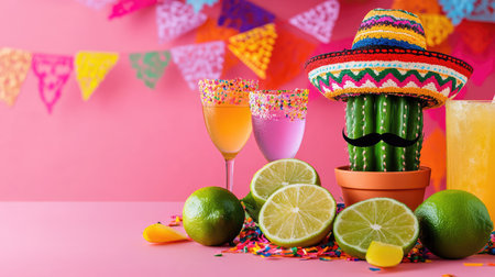 A lively scene featuring a cactus wearing a sombrero, surrounded by vibrant drinks and fresh limes, perfect for summer festivities and parties.の素材