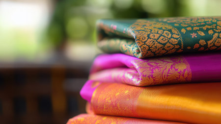 This stunning image showcases a stack of colorful silk saris, featuring intricate patterns and rich textures, emphasizing traditional Indian craftsmanship.の素材