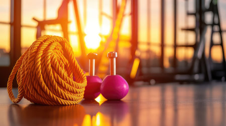 An inspiring view of fitness equipment, including colorful dumbbells and a rope, illuminated by warm sunset light. Perfect for promoting an active lifestyle.の素材