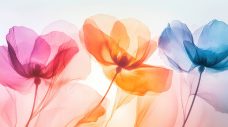 Ethereal and vibrant image of translucent flowers in soft colors, creating a serene and artistic atmosphere. Perfect for design and decoration needs.の素材