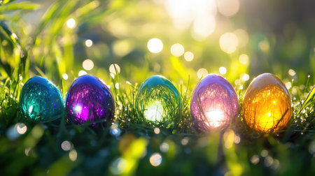 A collection of colorful Easter eggs placed on fresh green grass, illuminated by soft sunlight and surrounded by a dreamy bokeh effect, capturing spring joy.の素材