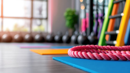 This vibrant fitness studio features colorful training mats and a training rope, set in a modern gym environment focused on health and wellness.の素材