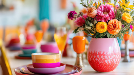 A stunning table setting featuring a vibrant vase filled with fresh flowers and an array of colorful dishes, perfect for any festive occasion.の素材