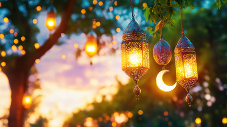This enchanting image captures beautiful lanterns hanging gracefully amid a colorful sunset, creating a magical atmosphere filled with warmth and tranquility.の素材